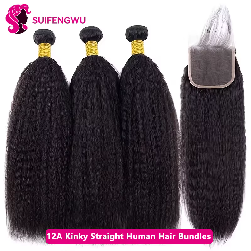 12A Kinky Straigh tssage Cheveux Humains Avec Fermeture 4X4 Closure Human Hair meche Tissages brésil