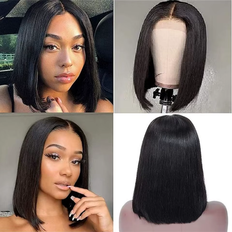 Perruque droite bob sans colle, cheveux humains 100%, dentelle transparente 4x4, prête à porter et p