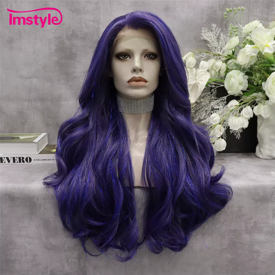 Imstyle Tinsel perruque synthétique dentelle avant perruque bleu mélange violet longue naturelle ond