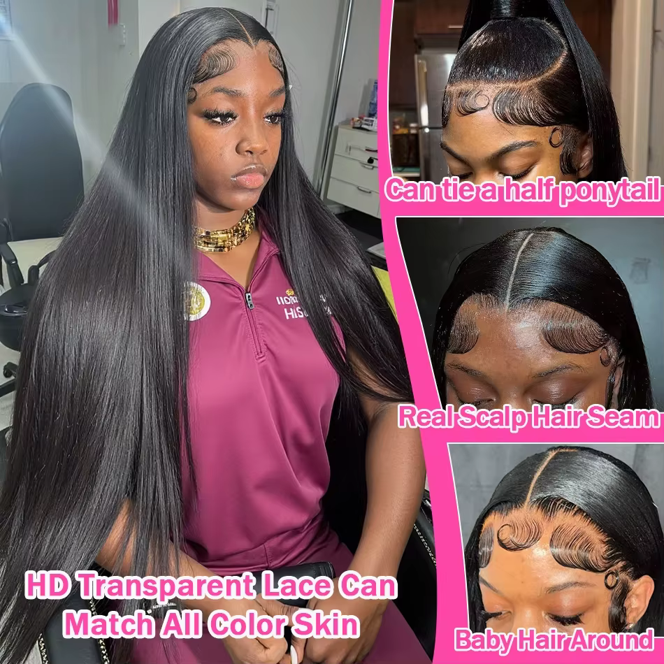 Perruque en cheveux humains lisses 13x4 avec dentelle frontale HD de 30 à 36 pouces, perruque en den