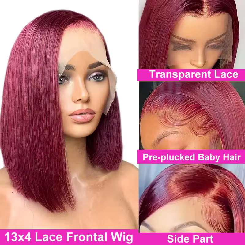 Perruque Courte Droite Bob Bourgogne 99J, Perruque Lace Frontale 13x4 Rouge, Cheveux Humains Brésili