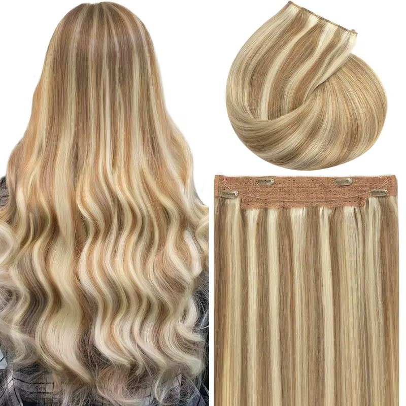 Extensions de fil de cheveux humains, mélange de brun chameau, couleur blonde # 8/613