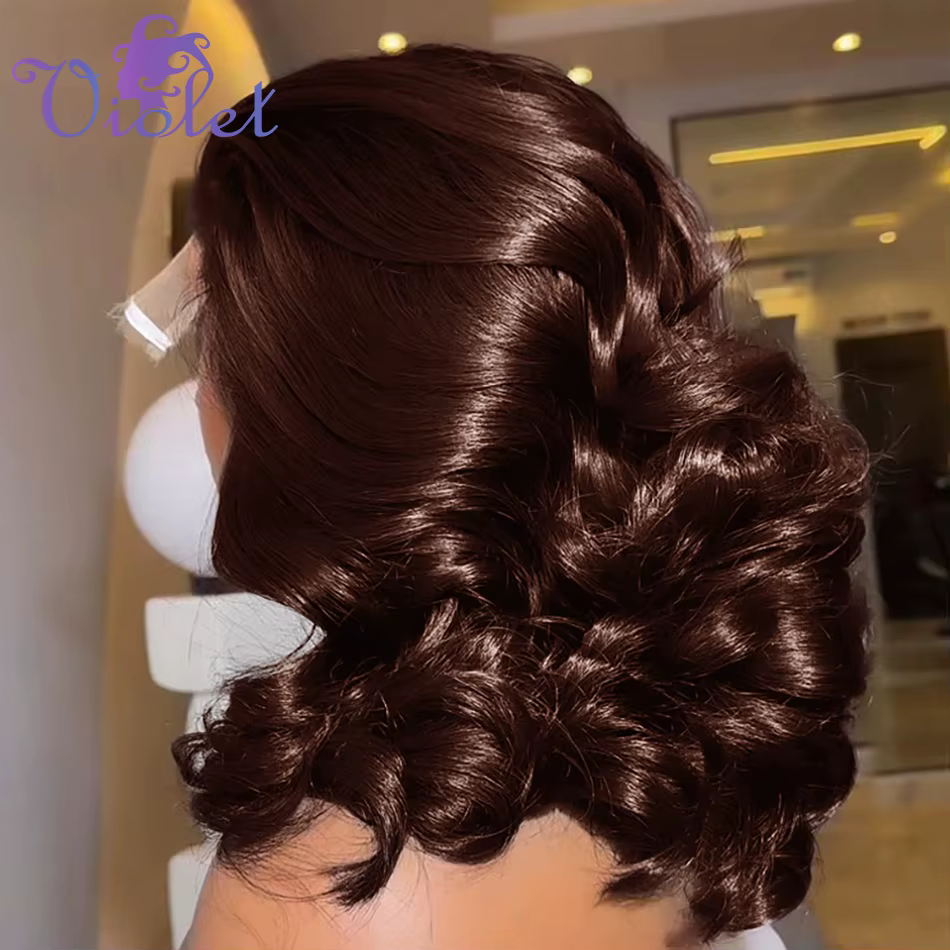 Perruque Bob Courte Ondulée en Cheveux Humains Châtain Chocolat, Densité 250%, Lace Frontale 13x4, P