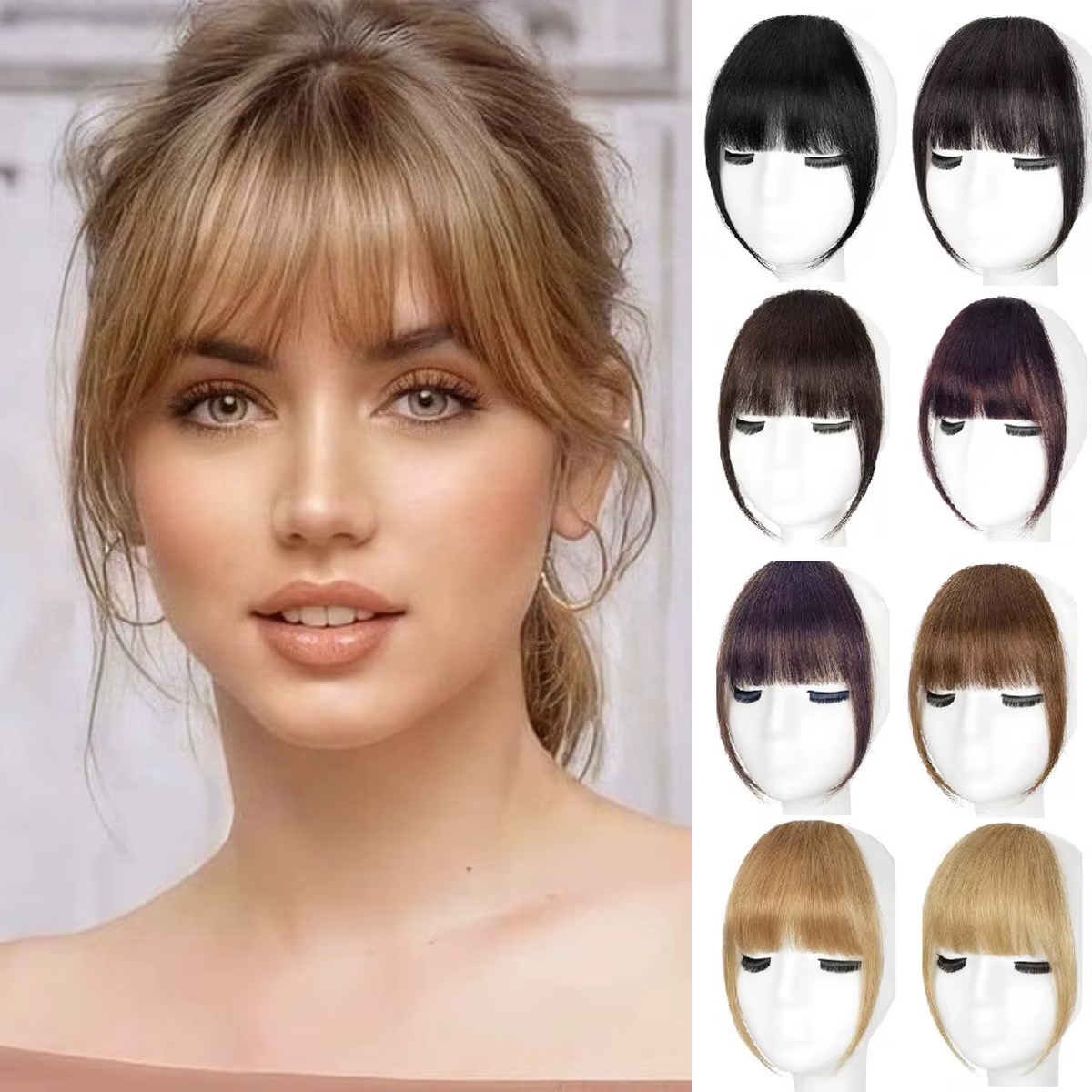 Frange française vaporeuse de cheveux humains avec des tempes, accessoires pour cheveux à frange inc