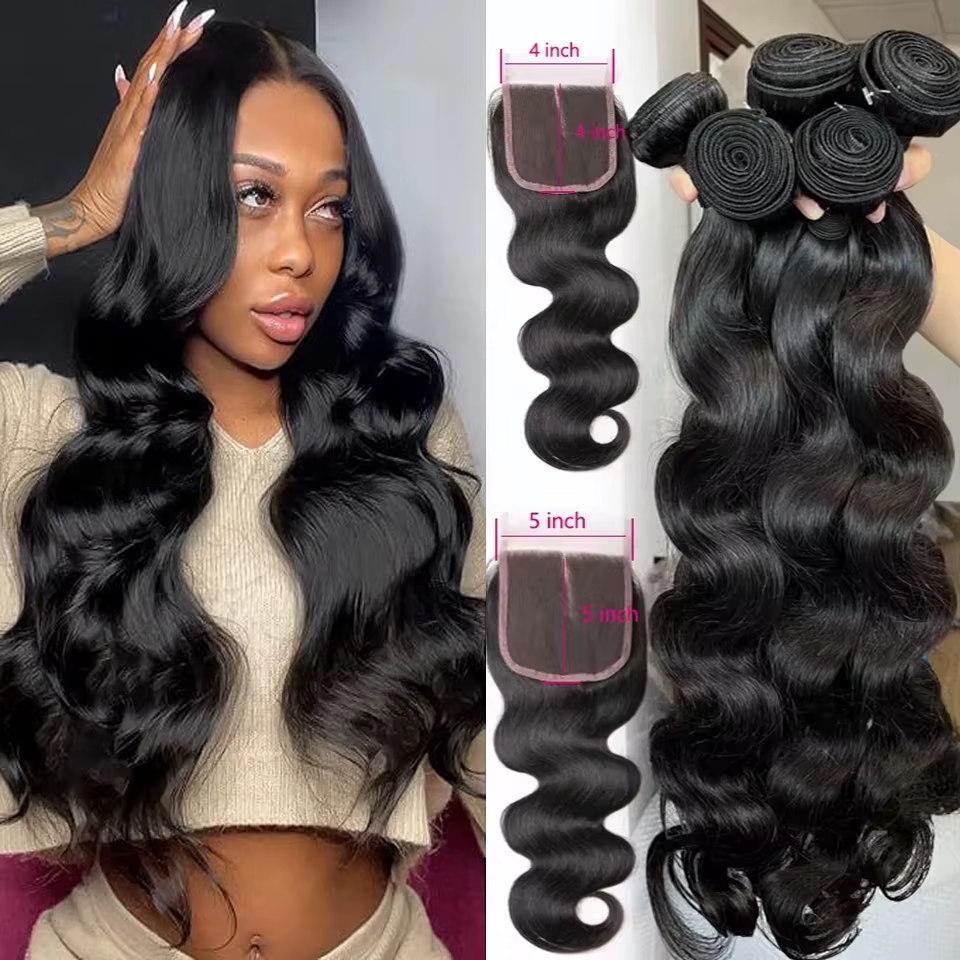 Extensions de cheveux humains 100% Remy avec closure en dentelle 4x4 5x5, mèches de cheveux humains