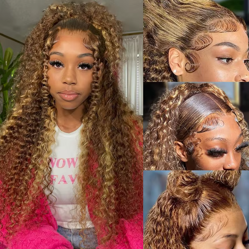 Perruque Lace Front Wig 4/27 naturelle bouclée, cheveux humains, blond miel 100%, 13x4, 13x6, 180% d
