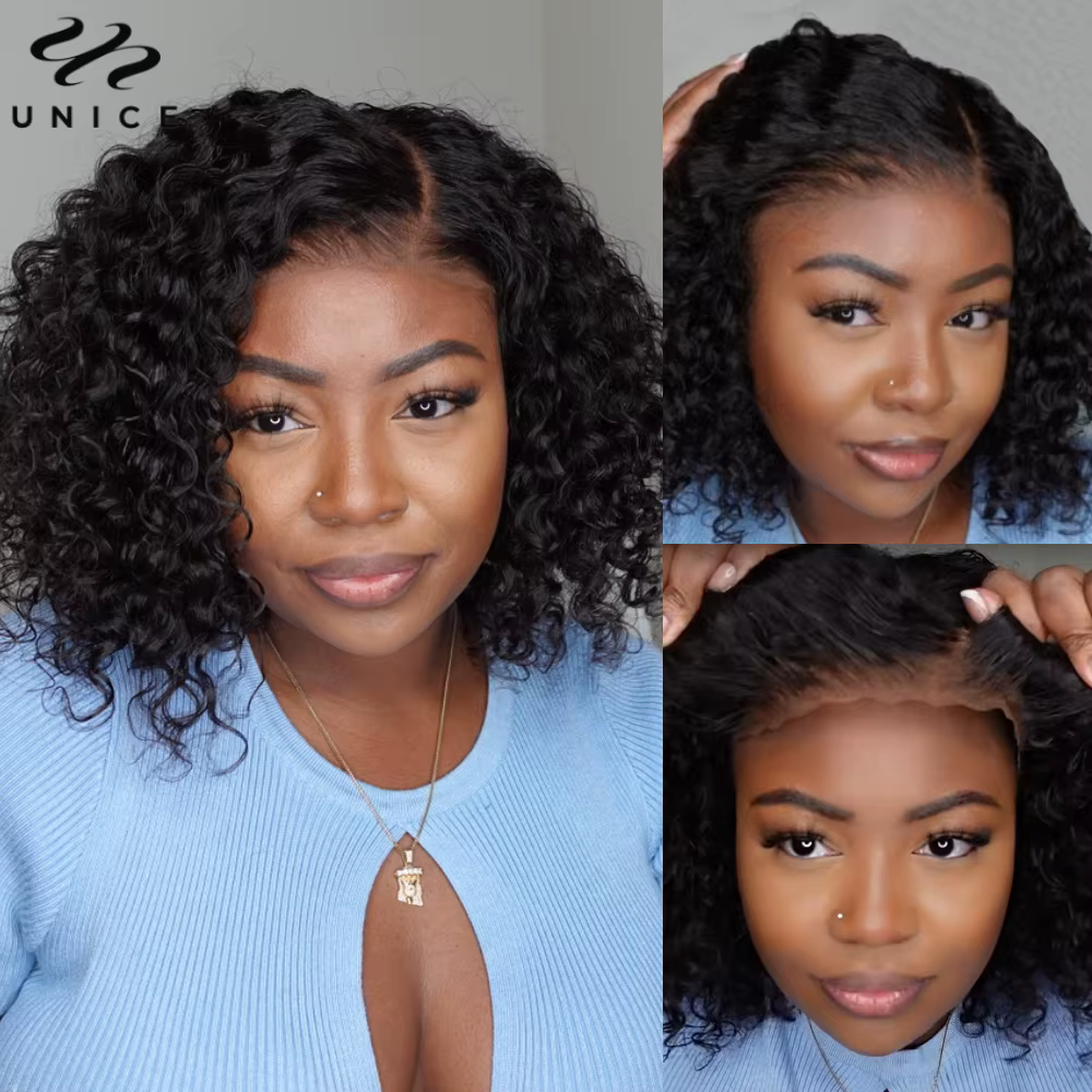 Perruque courte bouclée UNice en cheveux humains, coupe bob, 7x5, avec raie latérale, sans colle, pr