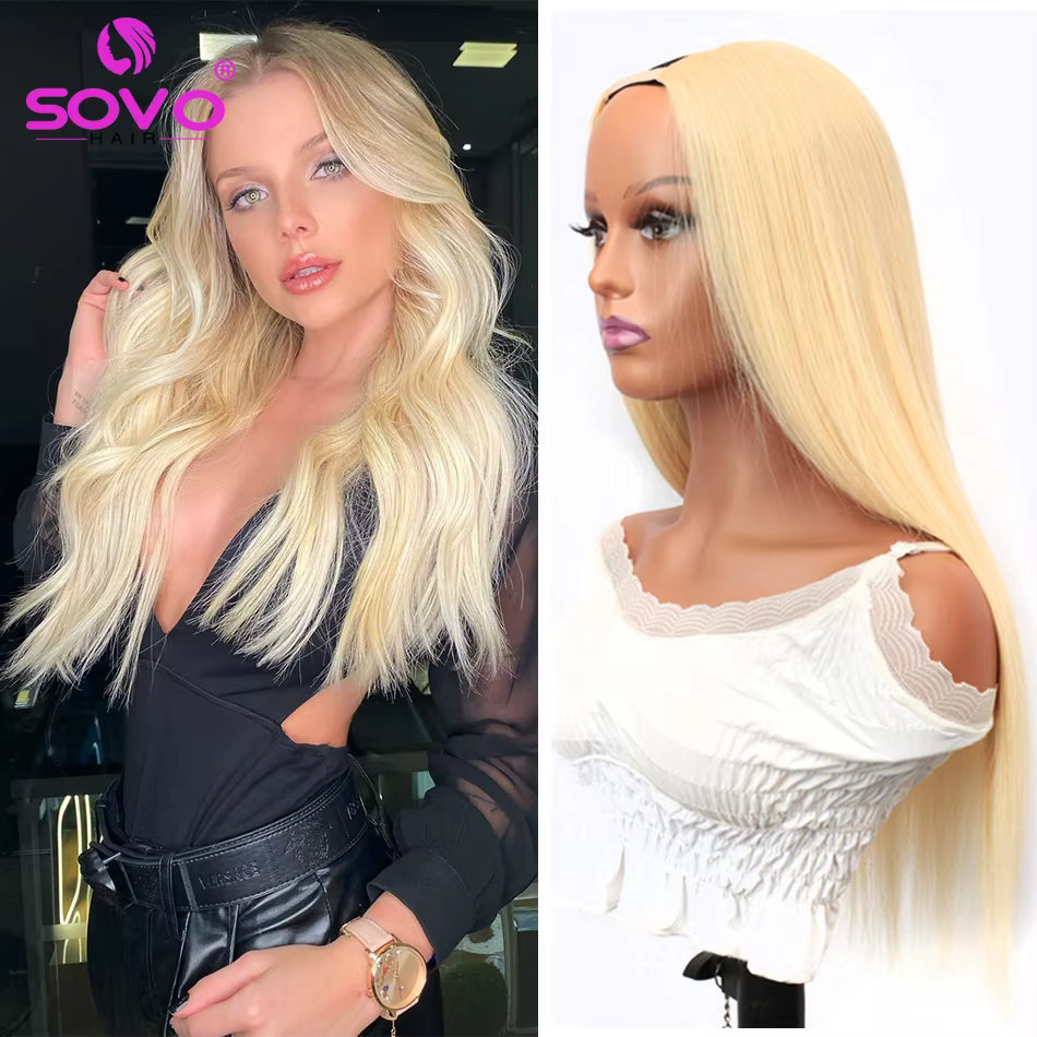 U partie perruques de cheveux humains Remy 180 densité blond cendré ouverture demi perruques pour le