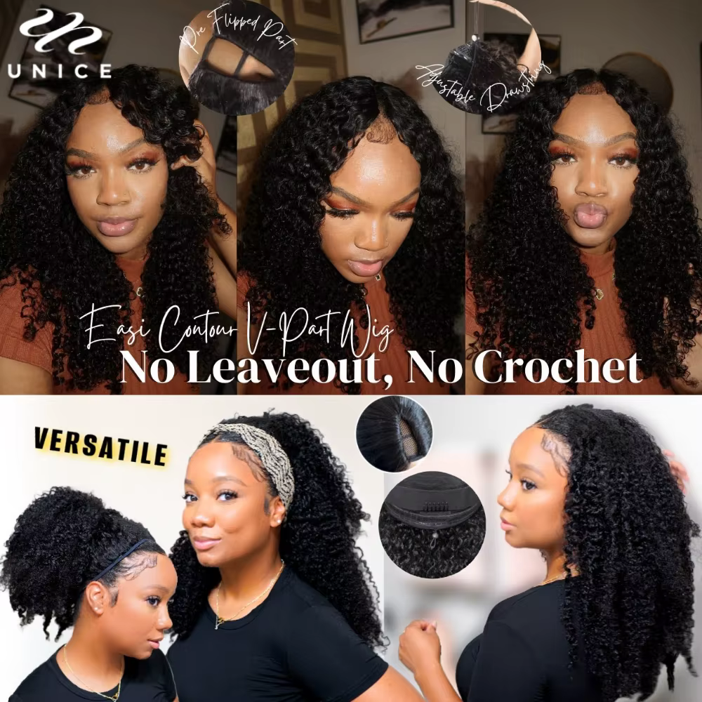 UNice InvisiBlend ™ Perruque crépue bouclée en V avec cordon de serrage, cheveux humains de Style