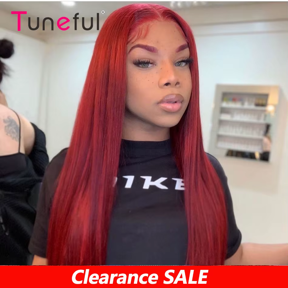 Liquidation en gros 13x4 99J rouge bordeaux couleur perruques de cheveux humains HD dentelle frontal