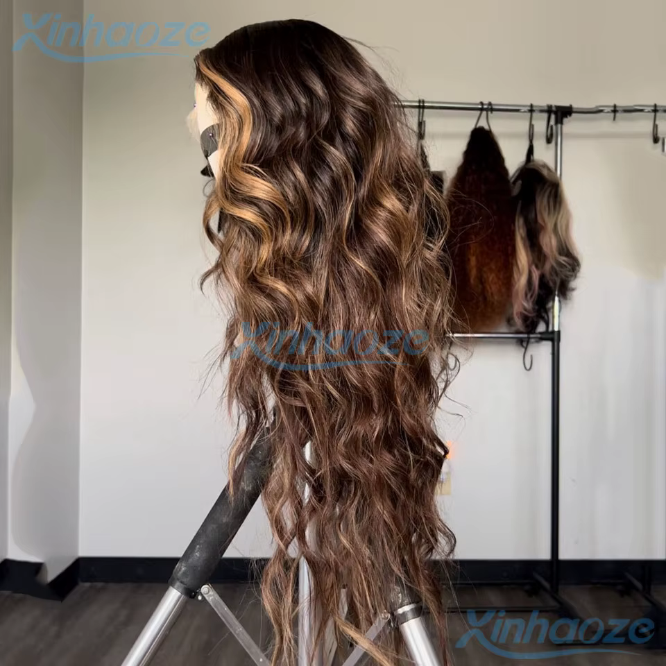 Balayage brun blond lâche ondulé mettre en évidence 5x5 soie haut fermeture perruques Remy brésilien