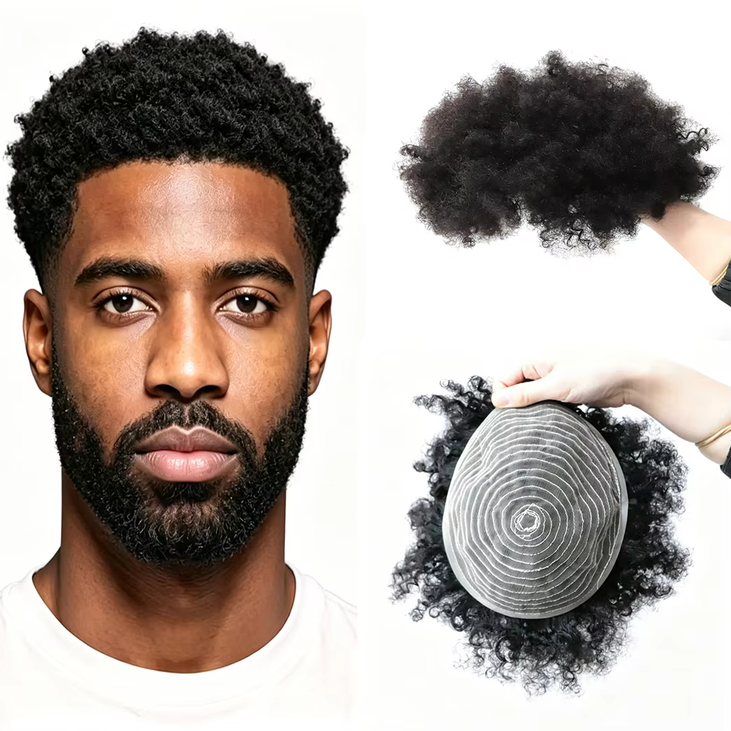Perruque en cheveux humains bouclés africains pour hommes |   Couverture complète avec base en dente