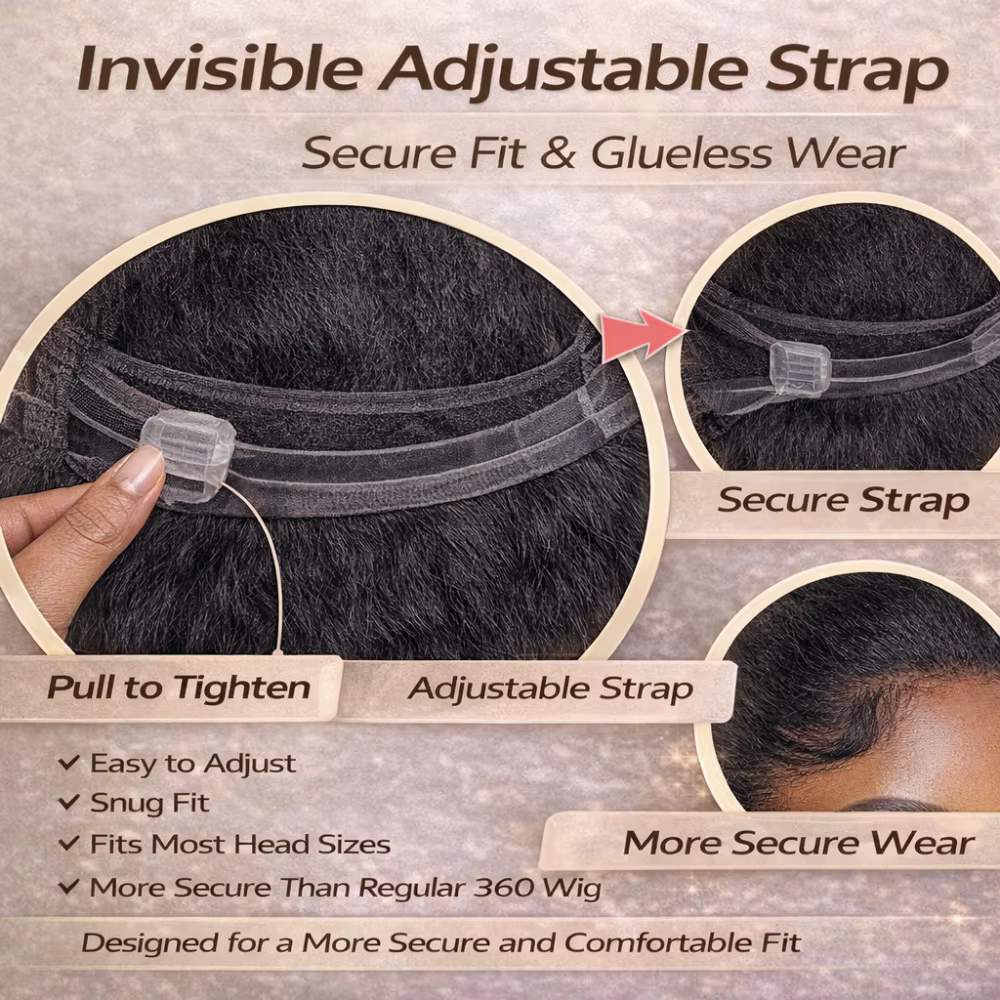 Perruque sans colle 360 Kinky Straight, densité 250, dentelle HD, sangle invisible, dentelle pré-cou