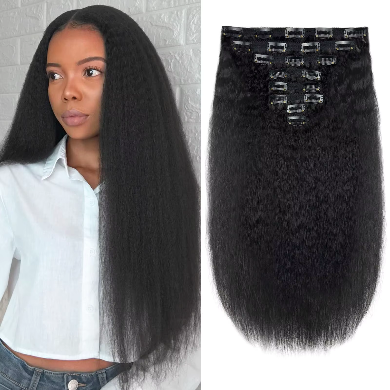 Extensions de cheveux à clipser de 18 pouces, lisses et bouclés, en cheveux humains naturels, extens