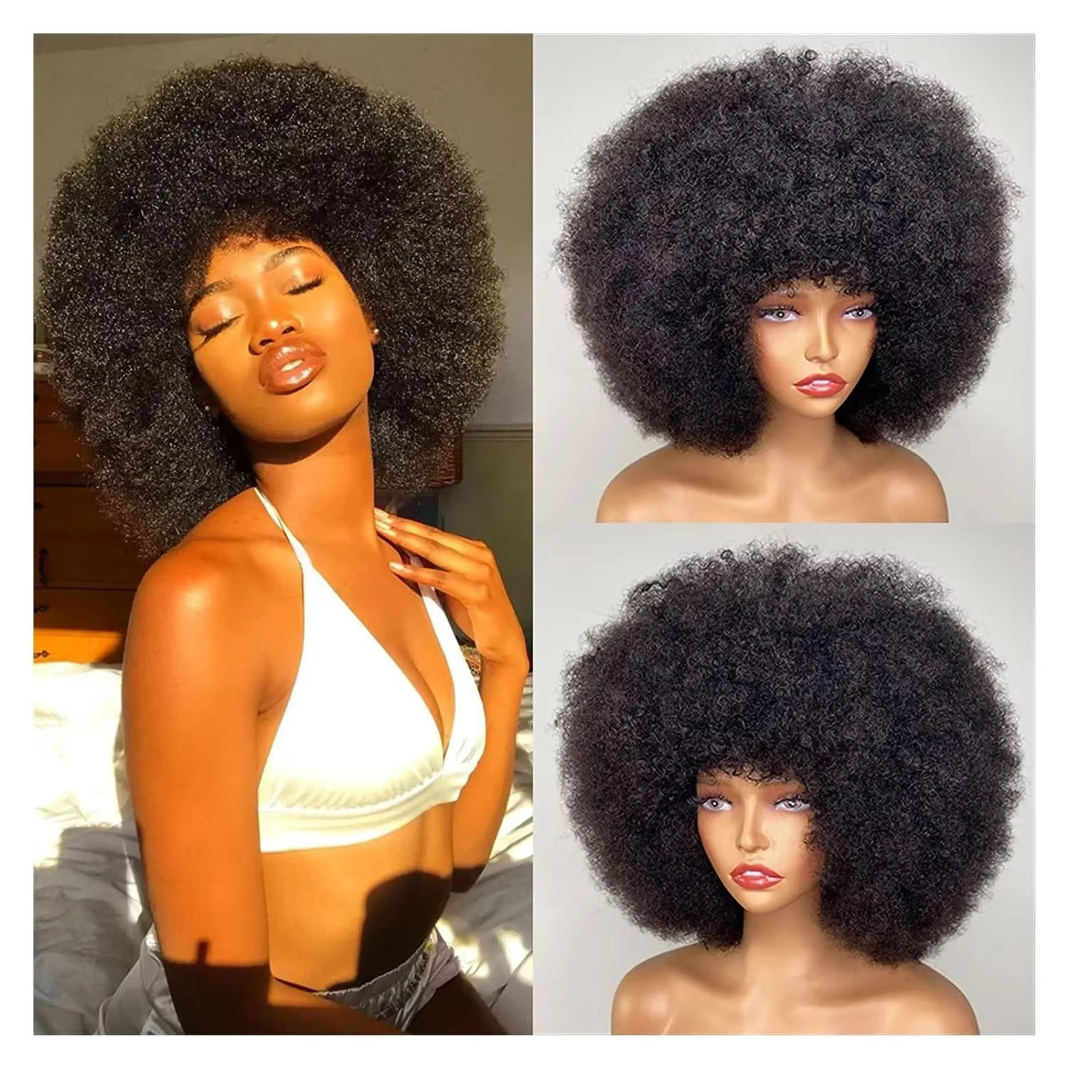 Perruques de cheveux humains bouclés Afro courts avec frange perruques Bob naturelles moelleuses per