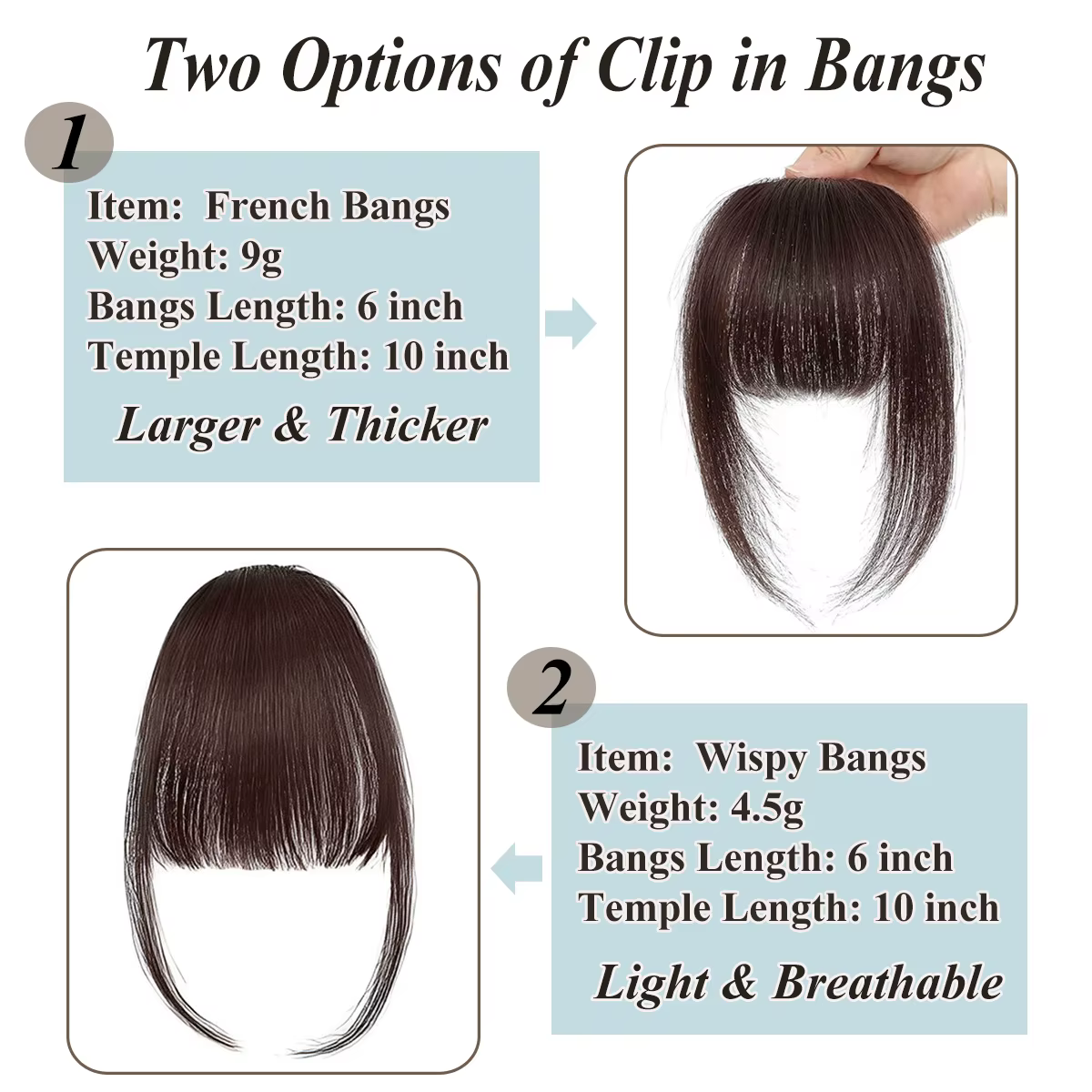 Frange française vaporeuse de cheveux humains avec des tempes, accessoires pour cheveux à frange inc