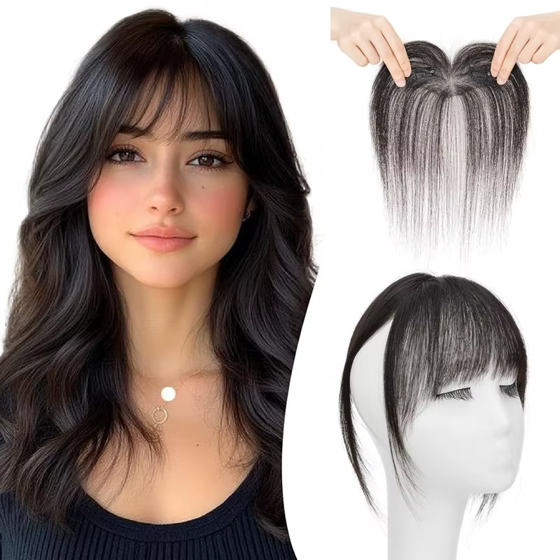 Frange de cheveux humains à clipser avec base en dentelle pour le front et les tempes, postiche fron