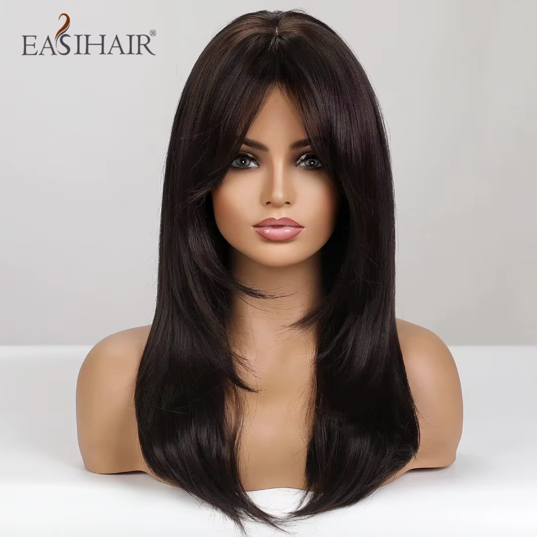 EASIHAIR – perruques synthétiques noires marron foncé avec frange, cheveux naturels mi-droits en cou