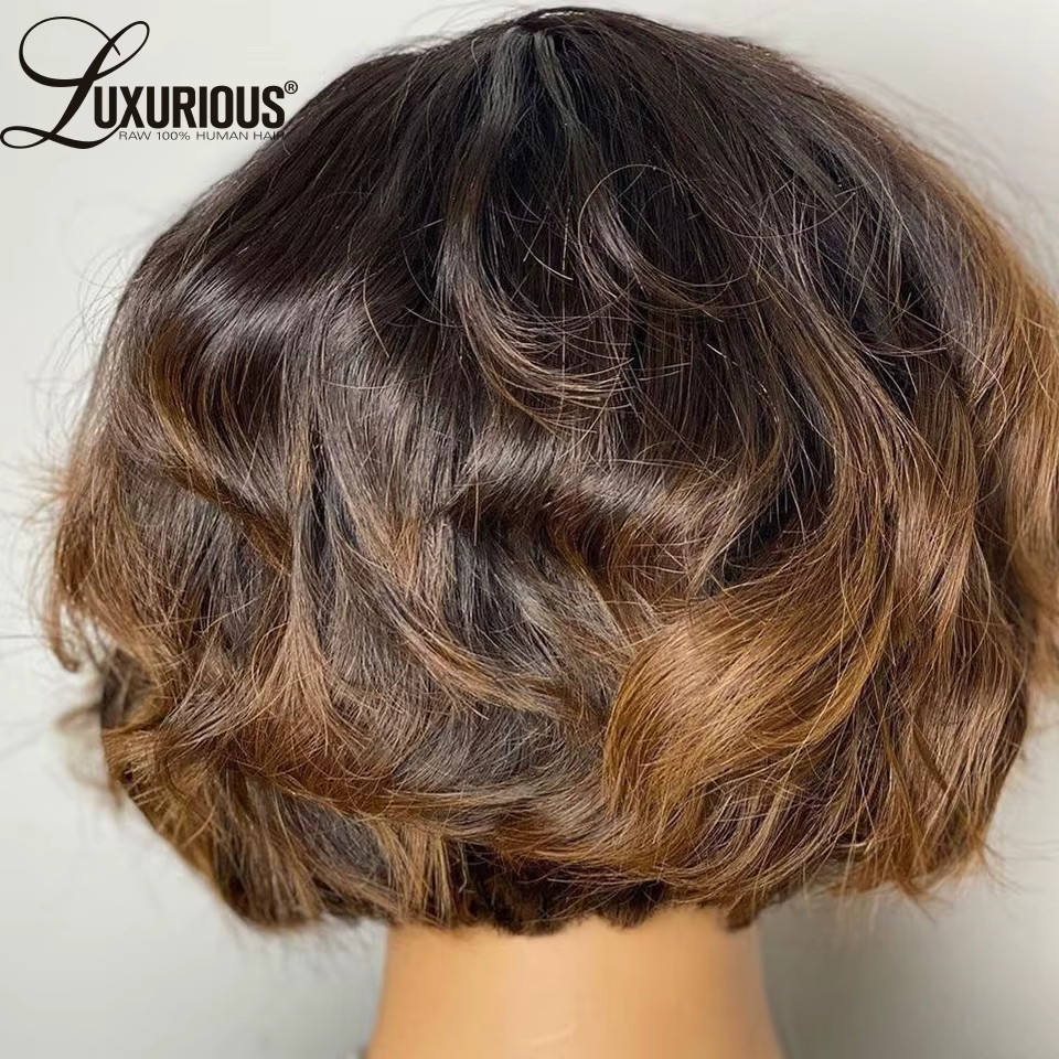 Ombre # Perruques courtes style pixie brun 1B pour femmes, cheveux humains, densité 250, ondulées, b