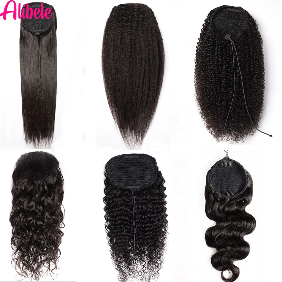 Alibele-Extensions de Cheveux Humains Crépus Bouclés Afro, Queue de Cheval Longue à Clips, 10-28 Pou