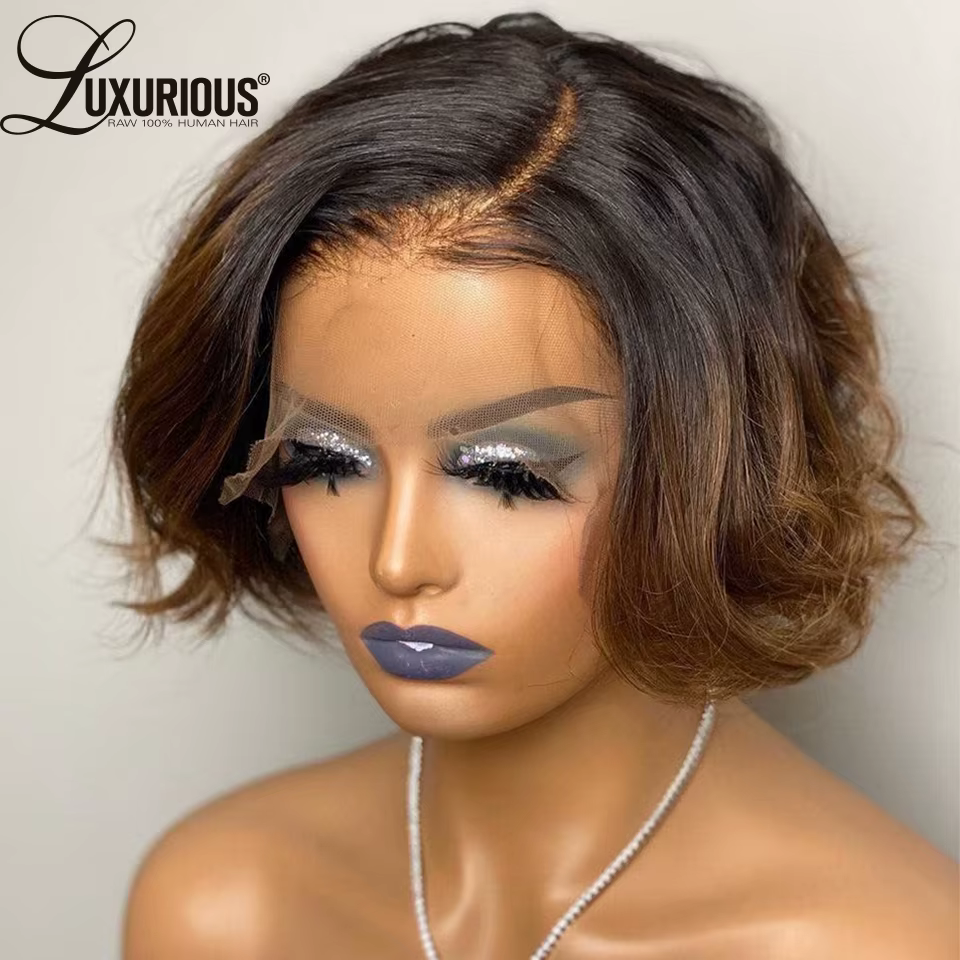 Ombre # Perruques courtes style pixie brun 1B pour femmes, cheveux humains, densité 250, ondulées, b