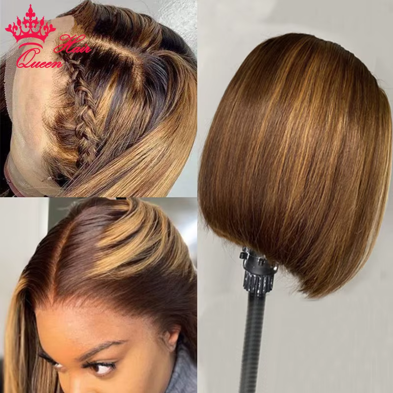 Queen Hair HD Highlight Bob Wig P4/27 100% virgin human hair Bone Straight Human Hair 13x6 13x4 Lace