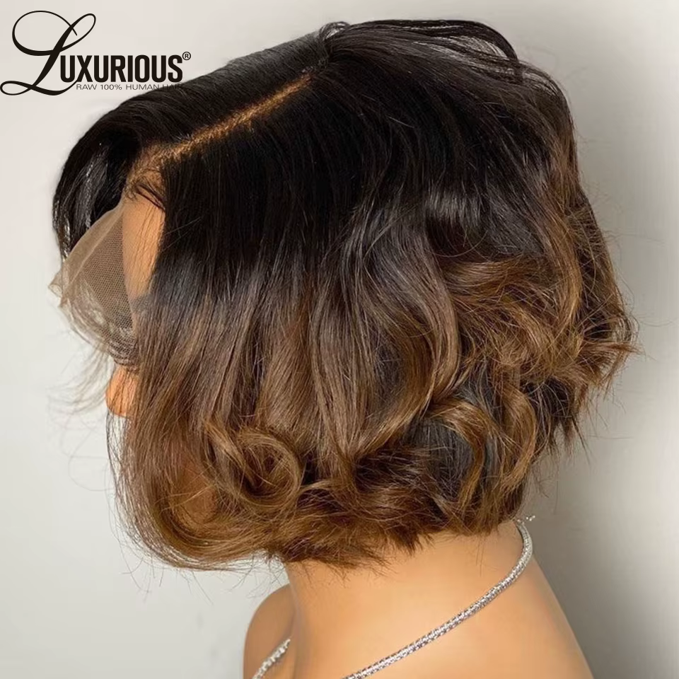 Ombre # Perruques courtes style pixie brun 1B pour femmes, cheveux humains, densité 250, ondulées, b