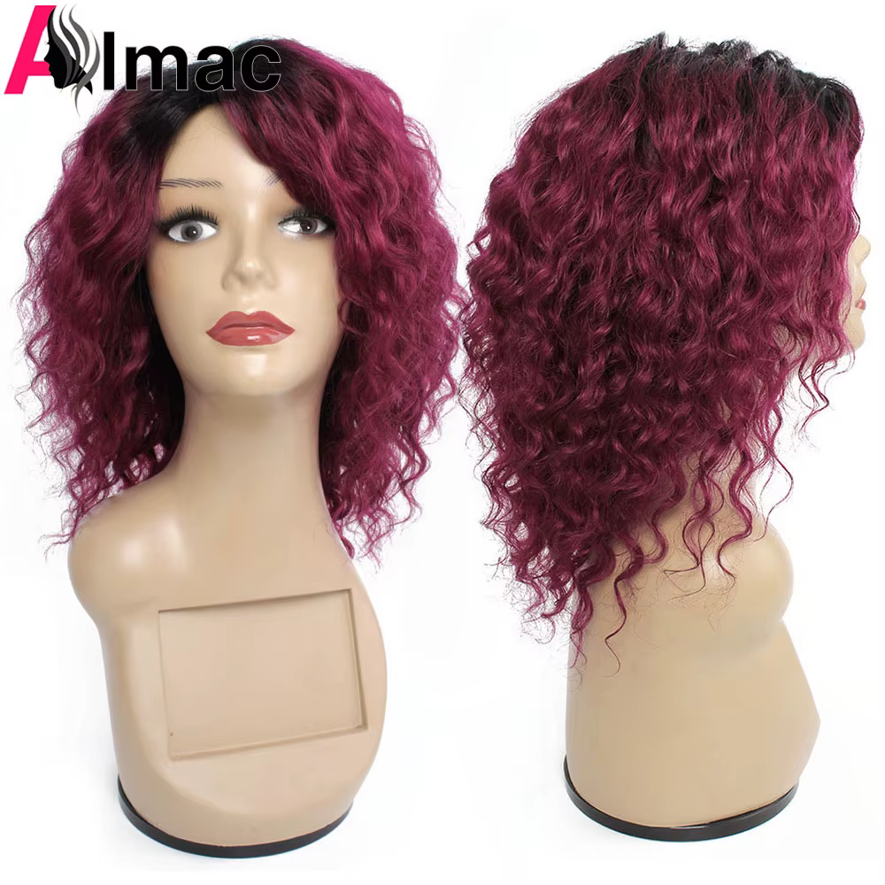 Perruque de cheveux humains bouclés courts bordeaux pour femme, Ombre Honey Blonde, Perruques entièr