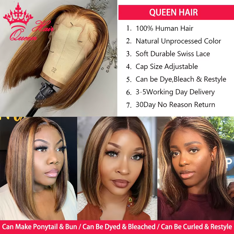 Queen Hair HD Highlight Bob Wig P4/27 100% virgin human hair Bone Straight Human Hair 13x6 13x4 Lace