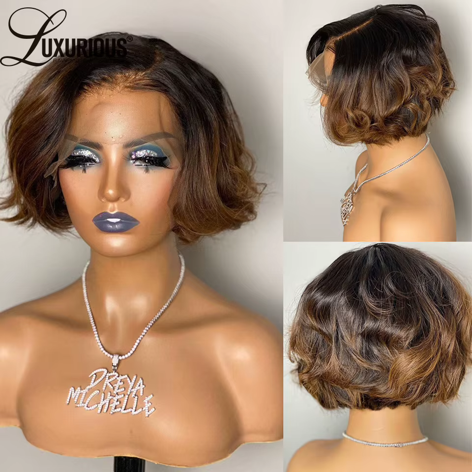 Ombre # Perruques courtes style pixie brun 1B pour femmes, cheveux humains, densité 250, ondulées, b