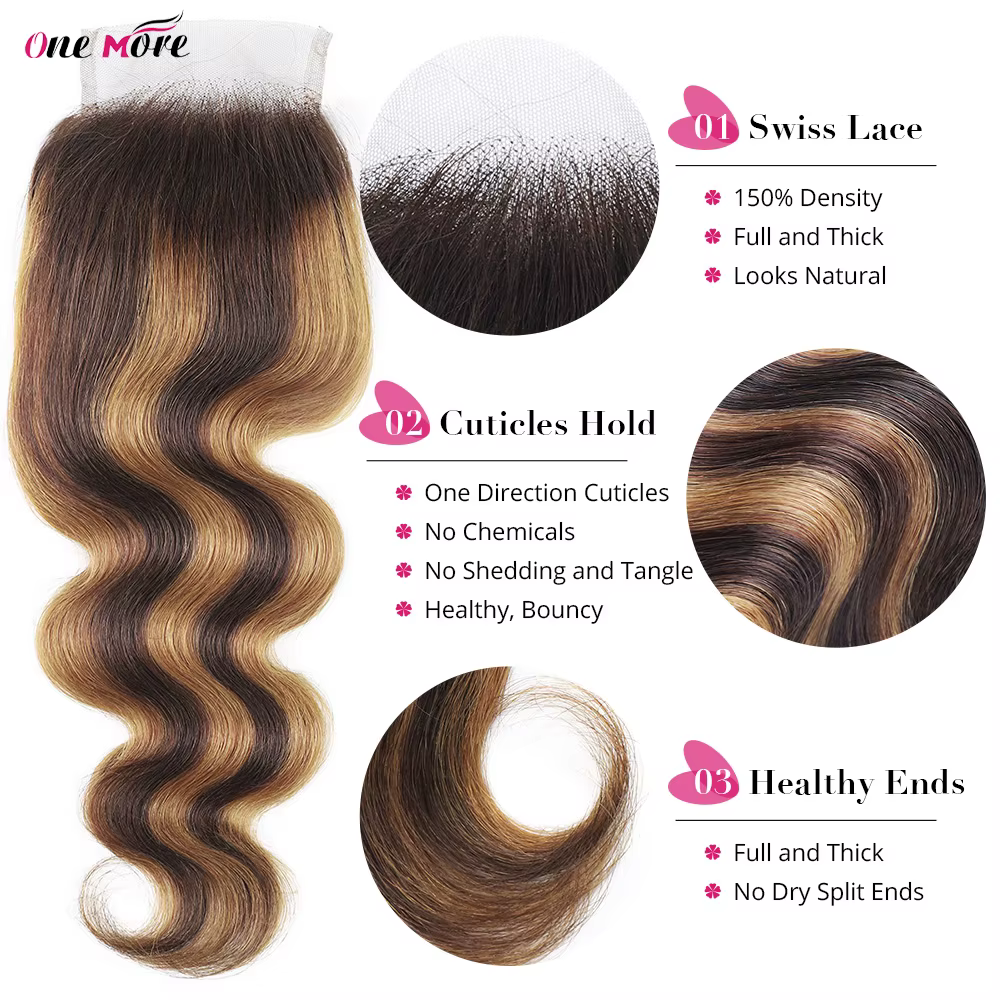 Lot de 5x5 mèches de cheveux humains blond miel ondulées avec closure, couleur ombrée et mèches cont