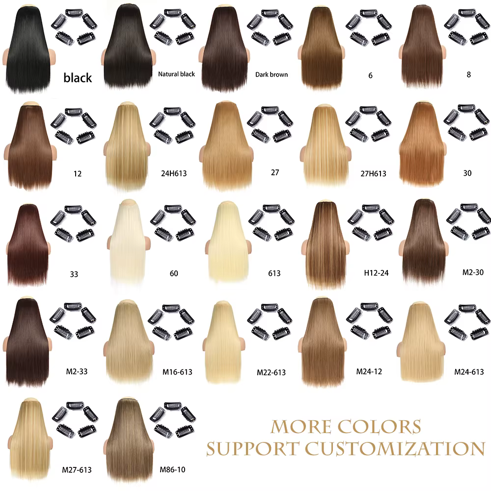 Extension capillaire synthétique longue et lisse à Clip, 5 Clips, faux cheveux blonds, bruns et noir
