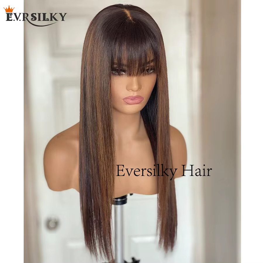 Perruque Lace Front Wig Remy lisse et soyeuse, cheveux naturels, avec frange, pre-plucked, reflets b