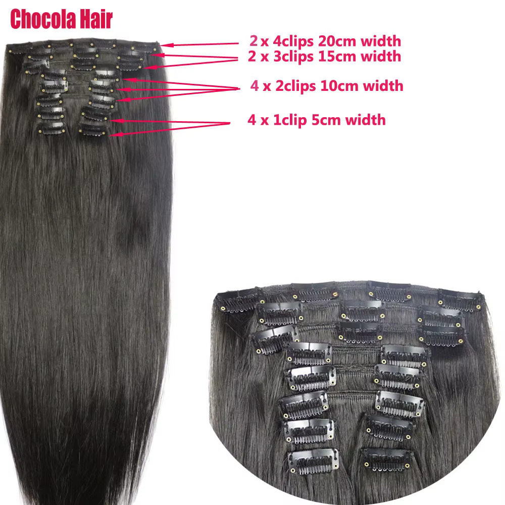 Chocola Clip en 100% Extensions de cheveux humains brésiliens Remy pleine tête 16 "-28" 12 pièces en