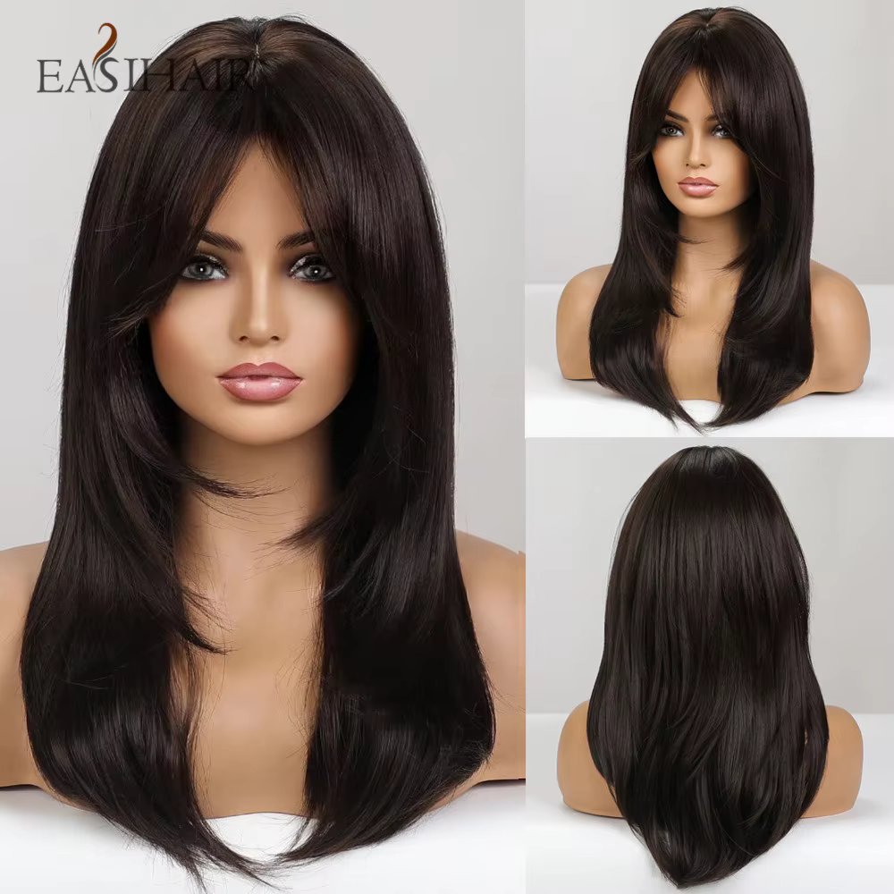 EASIHAIR – perruques synthétiques noires marron foncé avec frange, cheveux naturels mi-droits en cou