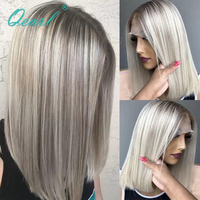 Qearl Hair-Perruque Bob Lace Front Wig sans colle naturelle, cheveux courts et lisses, reflets blanc