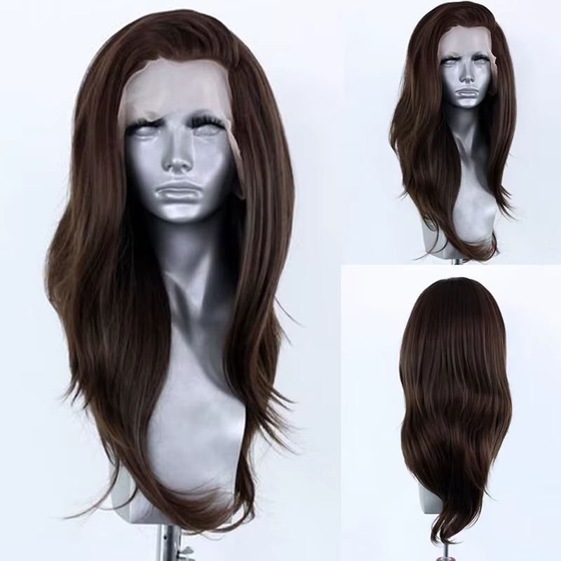 AIMEYA-Perruque Lace Front Wig Synthétique Brun Foncé, Postiche Ondulé Naturel, Sans Raie, pour Cosp