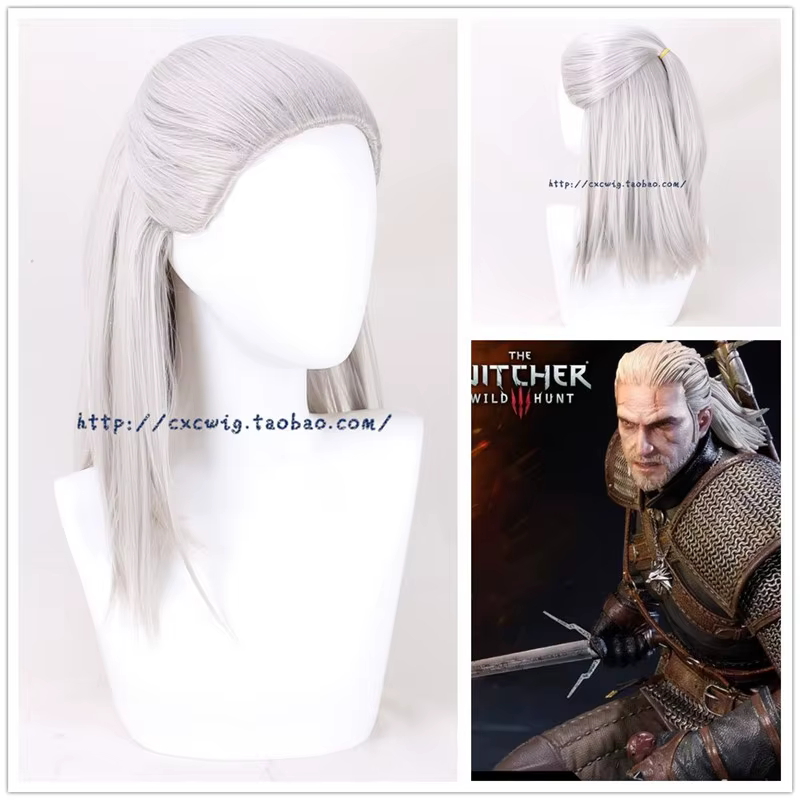 Geralt of Rivia – perruque de Cosplay synthétique lisse et blanche pour homme, postiche avec bonnet 