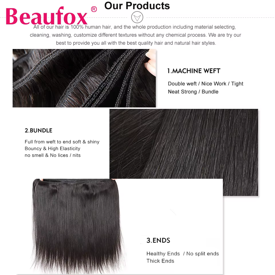 Beautorch-Tissage en Lot Brésilien Remy Naturel Lisse, Extension de Cheveux, Noir de Jais, 8-30 Pouc