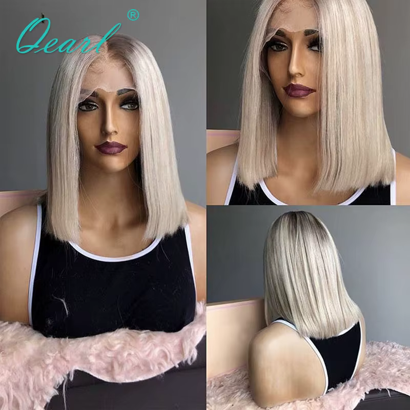 Qearl Hair-Perruque Bob Lace Front Wig sans colle naturelle, cheveux courts et lisses, reflets blanc