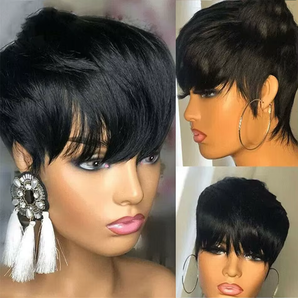Perruque courte coupe pixie en cheveux humains pour femmes, perruques fabriquées à la machine avec f