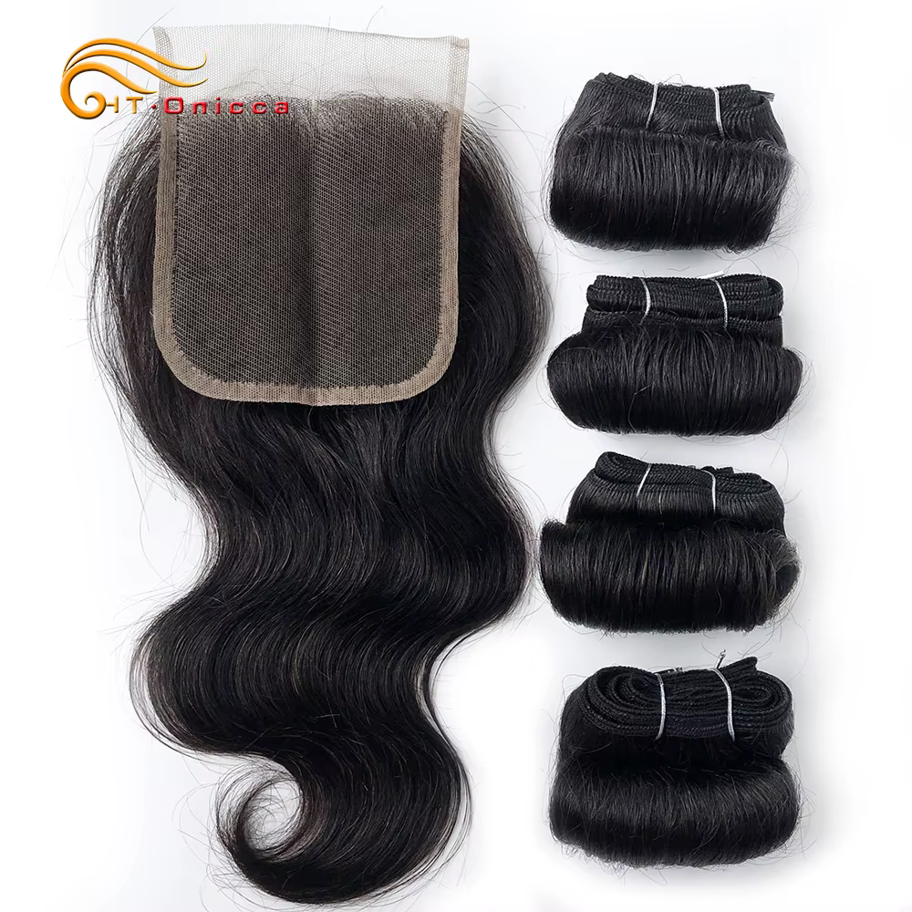 Mèches indiennes ondulées avec closure, extensions capillaires courtes, tissage transparent