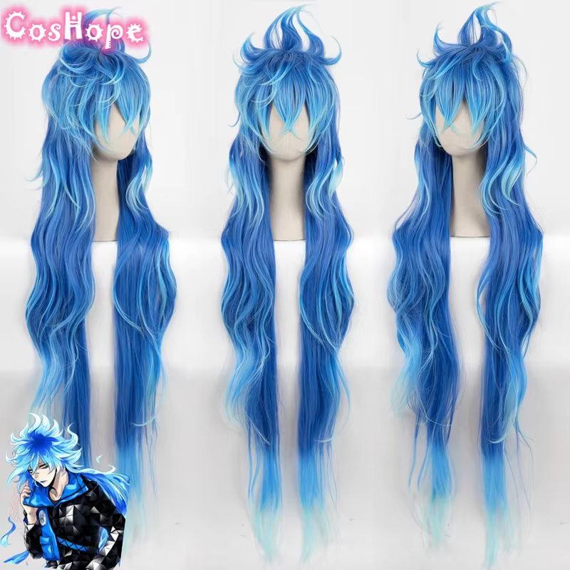 Idia Shroud Cosplay hommes 120 cm longue perruque bleue bouclée Cosplay Anime Cosplay perruques synt