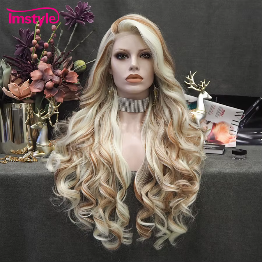 Imstyle-Perruque Lace Front Wig Synthétique Longue et Ondulée pour Femme, Cheveux en Fibre, Blonde e