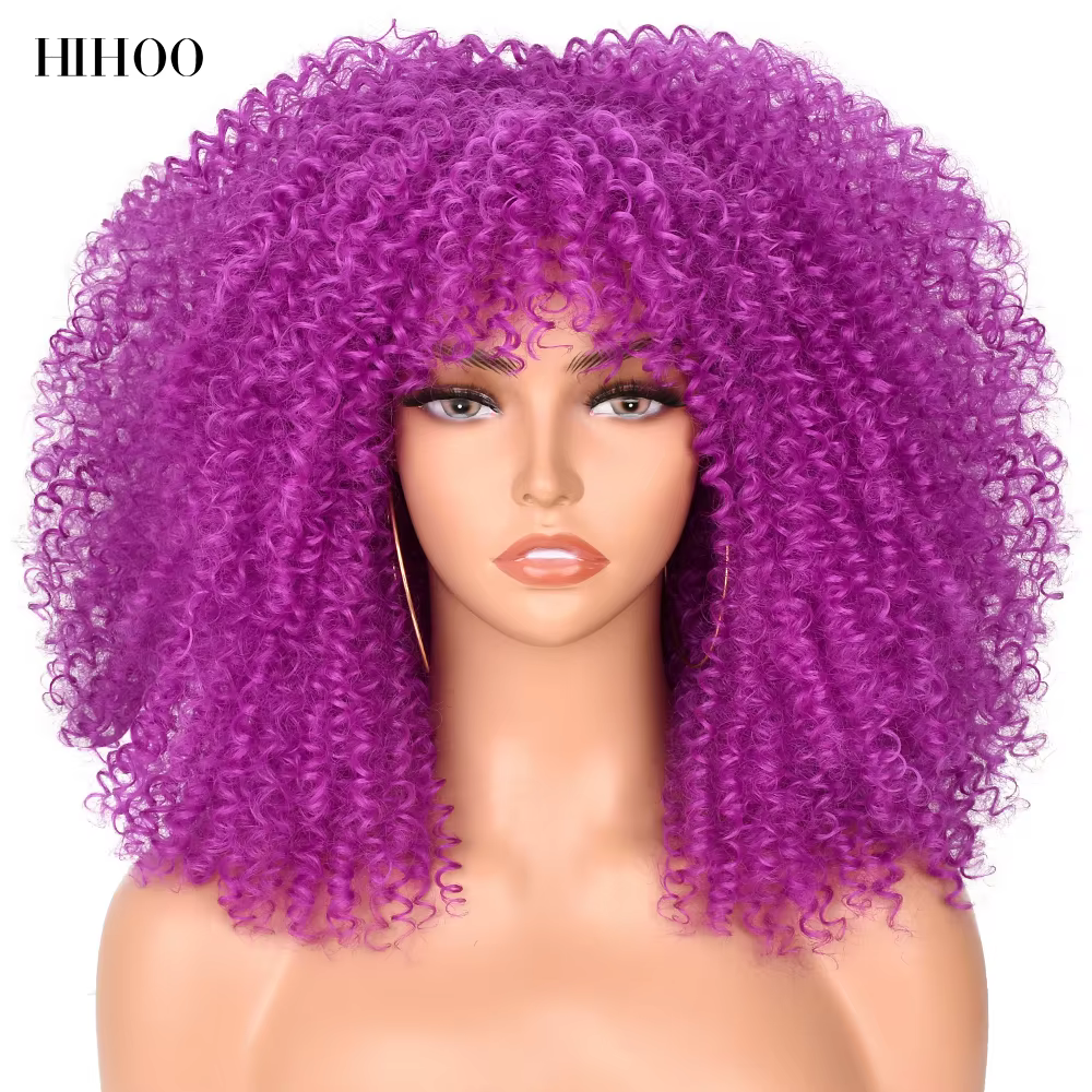 Perruques courtes Afro cheveux crépus bouclés perruques avec frange pour les femmes noires Cosplay L