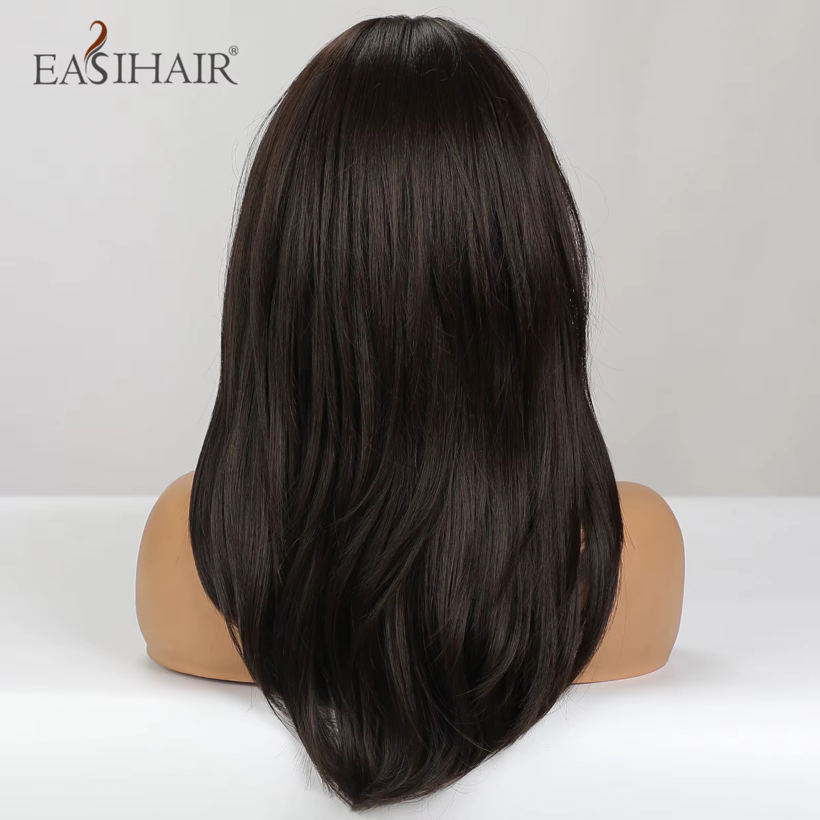 EASIHAIR – perruques synthétiques noires marron foncé avec frange, cheveux naturels mi-droits en cou