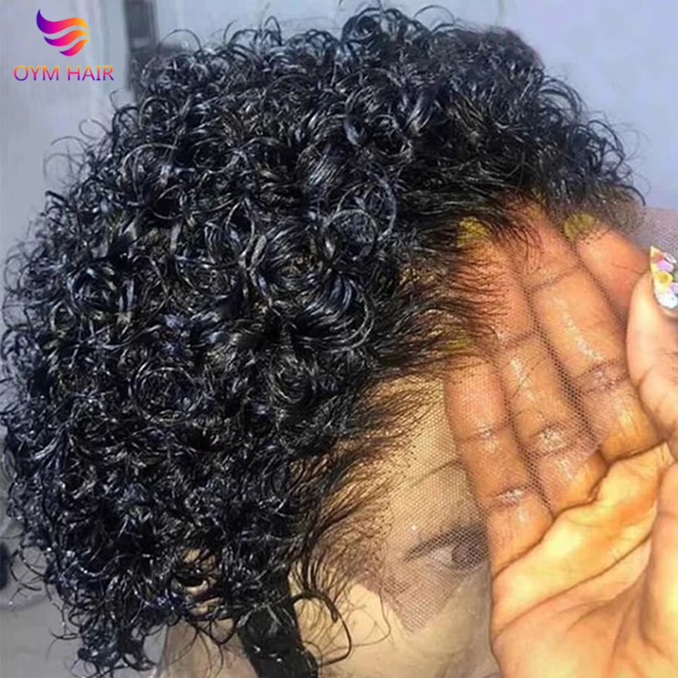 Perruque coupe lutin courte bouclée avant de lacet perruques de cheveux humains pour les femmes noir
