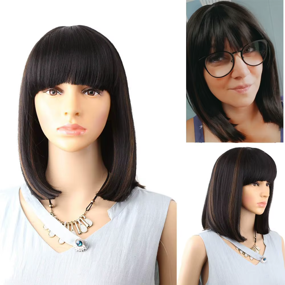 Amir-Perruques Synthétiques Bob avec Frange pour Femme, Cheveux Raides Noirs, Cheveux de Longueur Mo
