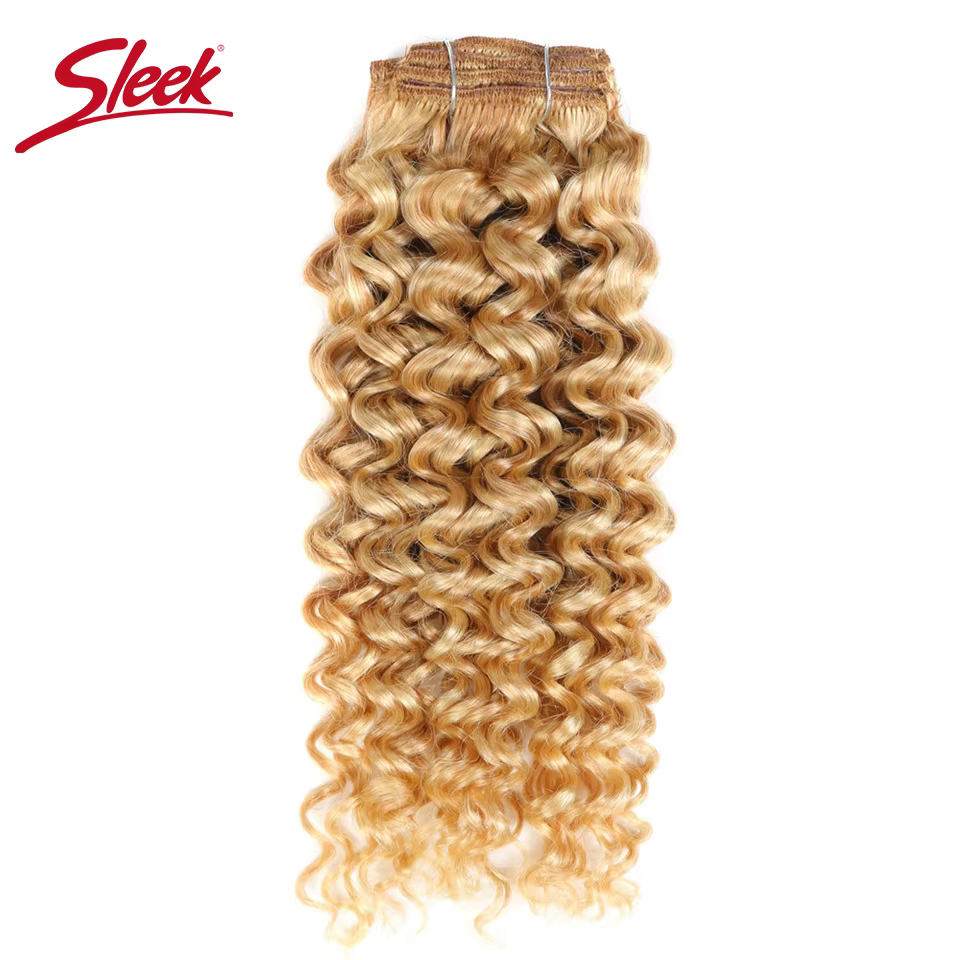 Sleek Hair-Extensions de Cheveux Humains à Clips, Brésilien, Bouclé, caution, Blond Miel, # P27/613,