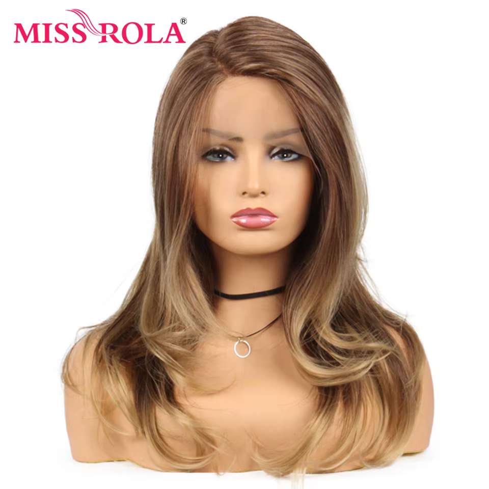 Miss Rola-Perruque synthétique longue ondulée pour femmes noires, perruque en dentelle brune ombrée,